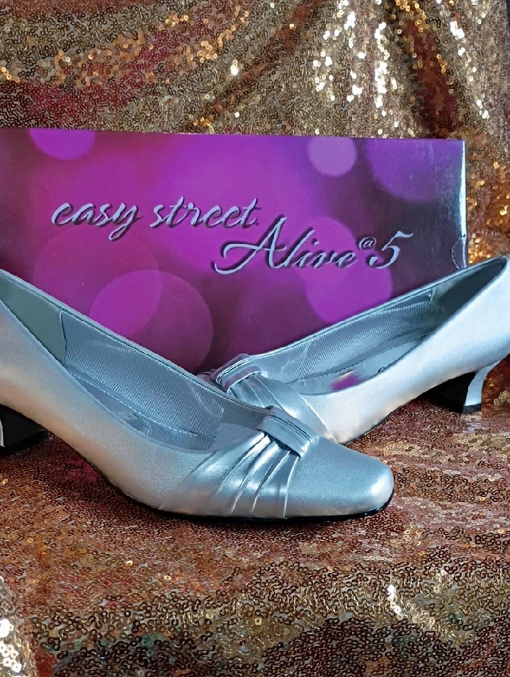 easy street Silver Satin Low Kitten Heel Pumps